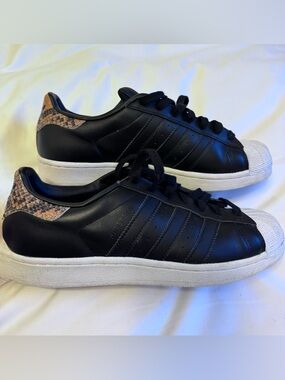 Adidas Black Leather Superstar Sneakers with Snake-Print Heel (size 40)
